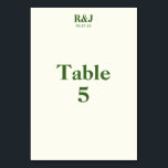 Simple Modern Wedding Monogram Table Number Card<br><div class="desc">Create table number cards featuring your desired monograms and special date. Very light shade of yellow with green font. Simple, modern appeal. Perfect with the wedding supplies from the Romantic Tree Design collection. Add your couple monogram, date of the wedding, and table number. Use the template to create your own...</div>