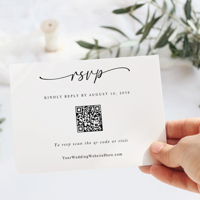 Simple Modern Wedding QR Code Heart RSVP Card (Simple Modern Wedding RSVP Card with QR Code and Fun Handwriting and Hand Drawn Heart on the Back)