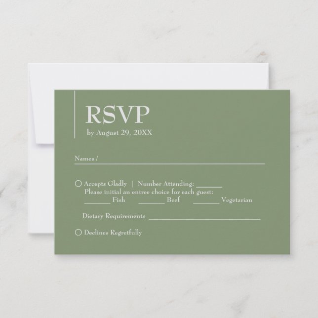 Simple Modern Wedding Sage Green White Reply RSVP Card (Front)