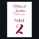 Simple modern white crimson red elegant wedding table number<br><div class="desc">Simple and elegant minimalist wedding table number card featuring a stylish crimson red script over a classic plain white background. Easily customizable with the bride and groom's names, the wedding date, and the table number. For further personalization or custom orders, feel free to contact me at acherryonthecake@hotmail.com (please allow 1-2...</div>