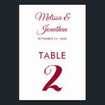 Simple modern white crimson red elegant wedding table number<br><div class="desc">Simple and elegant minimalist wedding table number card featuring a stylish crimson red script over a classic plain white background. Easily customizable with the bride and groom's names, the wedding date, and the table number. For further personalization or custom orders, feel free to contact me at acherryonthecake@hotmail.com (please allow 1-2...</div>