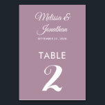 Simple modern white dusty purple elegant wedding table number<br><div class="desc">Simple and elegant minimalist wedding table number card featuring a stylish white script over a romantic dusty purple background. Easily customizable with the bride and groom's names, the wedding date, and the table number. For further personalization or custom orders, feel free to contact me at acherryonthecake@hotmail.com (please allow 1-2 working...</div>