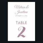 Simple modern white dusty purple elegant wedding table number<br><div class="desc">Simple and elegant minimalist wedding table number card featuring a stylish dusty purple script over a classic plain white background. Easily customizable with the bride and groom's names, the wedding date, and the table number. For further personalization or custom orders, feel free to contact me at acherryonthecake@hotmail.com (please allow 1-2...</div>