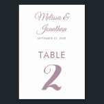Simple modern white dusty purple elegant wedding table number<br><div class="desc">Simple and elegant minimalist wedding table number card featuring a stylish dusty purple script over a classic plain white background. Easily customizable with the bride and groom's names, the wedding date, and the table number. For further personalization or custom orders, feel free to contact me at acherryonthecake@hotmail.com (please allow 1-2...</div>