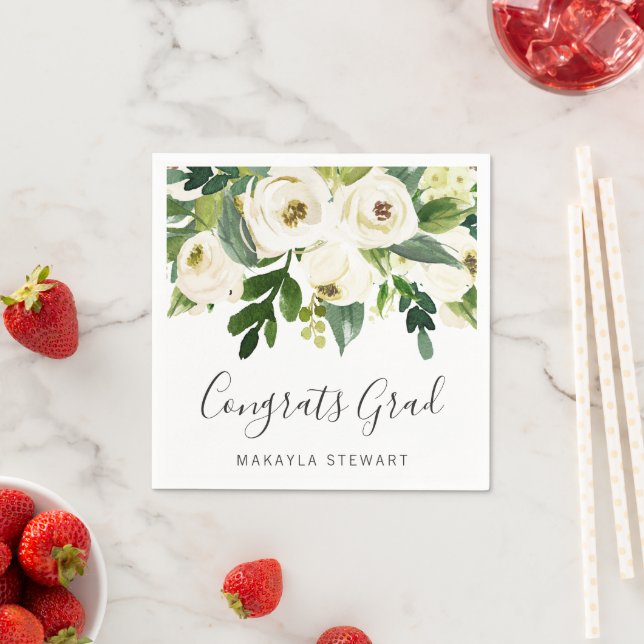 Simple Modern White Floral Elegant Graduation Napkin (Insitu)