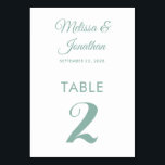 Simple modern white mint green elegant wedding table number<br><div class="desc">Simple and elegant minimalist wedding table number card featuring a stylish mint green script over a classic white background. Easily customizable with the bride and groom's names, the wedding date, and the table number. For further personalization or custom orders, feel free to contact me at acherryonthecake@hotmail.com (please allow 1-2 working...</div>