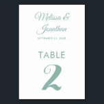 Simple modern white mint green elegant wedding table number<br><div class="desc">Simple and elegant minimalist wedding table number card featuring a stylish mint green script over a classic white background. Easily customizable with the bride and groom's names, the wedding date, and the table number. For further personalization or custom orders, feel free to contact me at acherryonthecake@hotmail.com (please allow 1-2 working...</div>