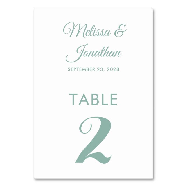Simple modern white mint green elegant wedding table number (Front)