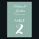 Simple modern white mint green elegant wedding table number<br><div class="desc">Simple and elegant minimalist wedding table number card featuring a stylish white script over a romantic mint green background. Easily customizable with the bride and groom's names, the wedding date, and the table number. For further personalization or custom orders, feel free to contact me at acherryonthecake@hotmail.com (please allow 1-2 working...</div>