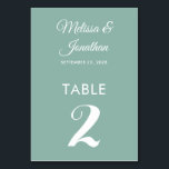 Simple modern white mint green elegant wedding table number<br><div class="desc">Simple and elegant minimalist wedding table number card featuring a stylish white script over a romantic mint green background. Easily customizable with the bride and groom's names, the wedding date, and the table number. For further personalization or custom orders, feel free to contact me at acherryonthecake@hotmail.com (please allow 1-2 working...</div>