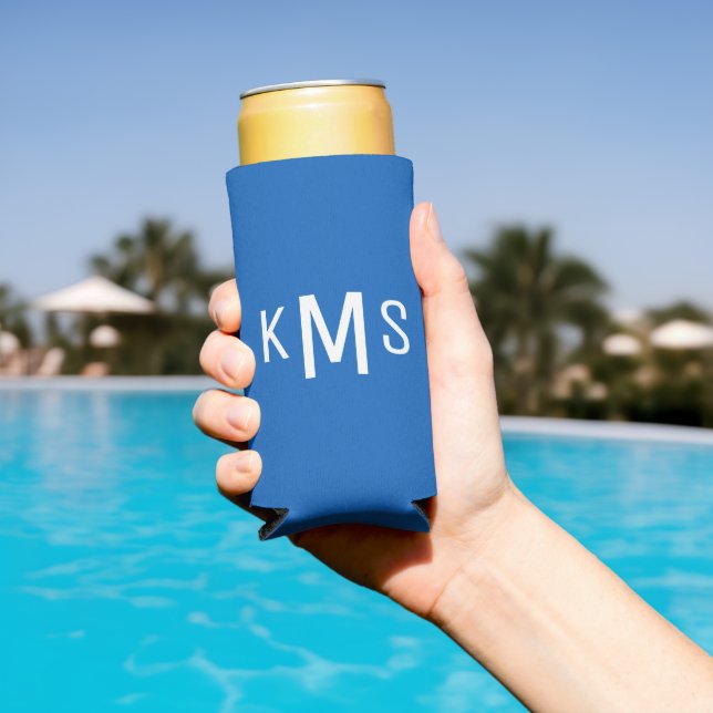 Simple Modern White Monogram Sapphire Blue Seltzer Can Cooler (In Situ Pool)