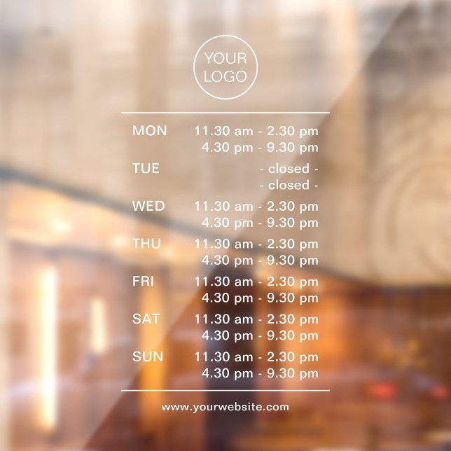 Simple Modern White Multiple Opening Hours Window Cling (Simple, modern multiple business opening hours window decal. Opening times window cling with logo.)