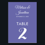Simple modern white periwinkle elegant wedding  table number<br><div class="desc">Simple and elegant minimalist wedding table number card featuring a stylish white script over a romantic contemporary periwinkle purple background. Easily customizable with the bride and groom's names, the wedding date, and the table number. For further personalization or custom orders, feel free to contact me at acherryonthecake@hotmail.com (please allow 1-2...</div>