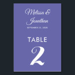 Simple modern white periwinkle elegant wedding  table number<br><div class="desc">Simple and elegant minimalist wedding table number card featuring a stylish white script over a romantic contemporary periwinkle purple background. Easily customizable with the bride and groom's names, the wedding date, and the table number. For further personalization or custom orders, feel free to contact me at acherryonthecake@hotmail.com (please allow 1-2...</div>