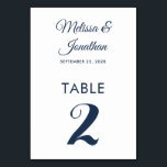 Simple modern white Prussian blue elegant wedding Table Number<br><div class="desc">Simple and elegant minimalist wedding table number card featuring a stylish dark blue script over a classic white background. Easily customizable with the bride and groom's names, the wedding date, and the table number. For further personalization or custom orders, feel free to contact me at acherryonthecake@hotmail.com (please allow 1-2 working...</div>