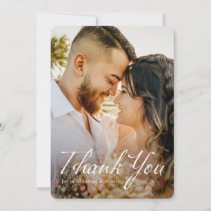 Simple Modern White Script Full Photo Wedding Thank You Card