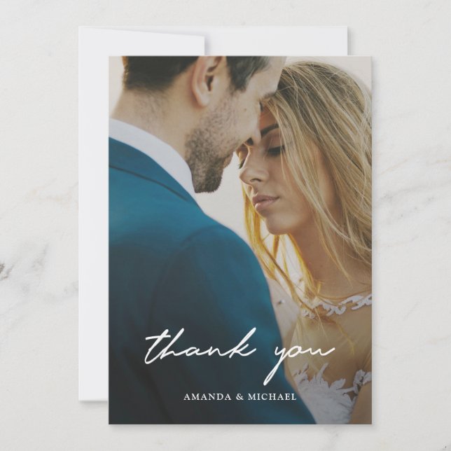 Simple Modern White Typography Photo Wedding  Thank You Card (Front)