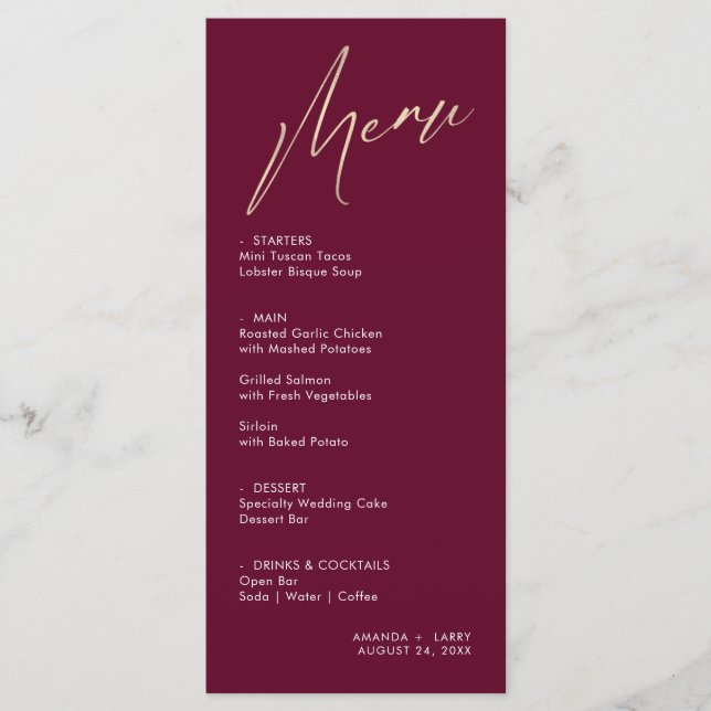 Simple & Modern Wine and Gold Wedding Menu Card (Front)
