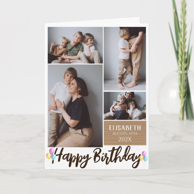 Simple Modern Wood Birthday Stylish Photo Collage Card (Front)
