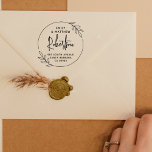 Simple Modern Wreath Married Couple Return Address Rubber Stamp<br><div class="desc">This modern wooden stamp features a rustic, hand-drawn, circular frame of two curved botanical sprigs with leaves at the ends. In the middle of the round frame, the couple's names appear at the top, with their shared surname or family name in modern hand-lettering script calligraphy and their address or contact...</div>