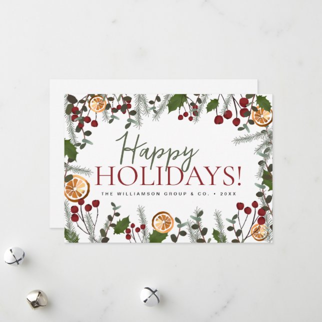 Simple Modern Xmas Pine Holly Company name Holiday Card (Front/Back In Situ)