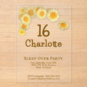 Simple Modern Yellow Daisy 16th Birthday Party  Acrylic Invitations