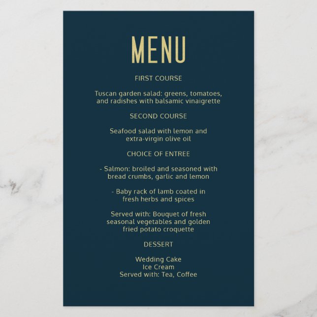 Simple moderne Deep Blue Gold Elegant Menu de mari (Devant)