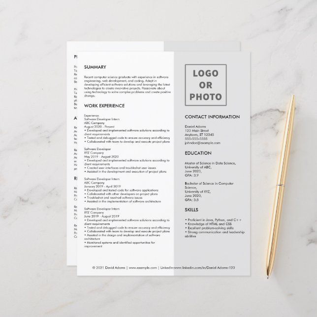 Simple moderne Gris Blanc Grad Reprendre CV Modèle (Devant/Arrière en situation)