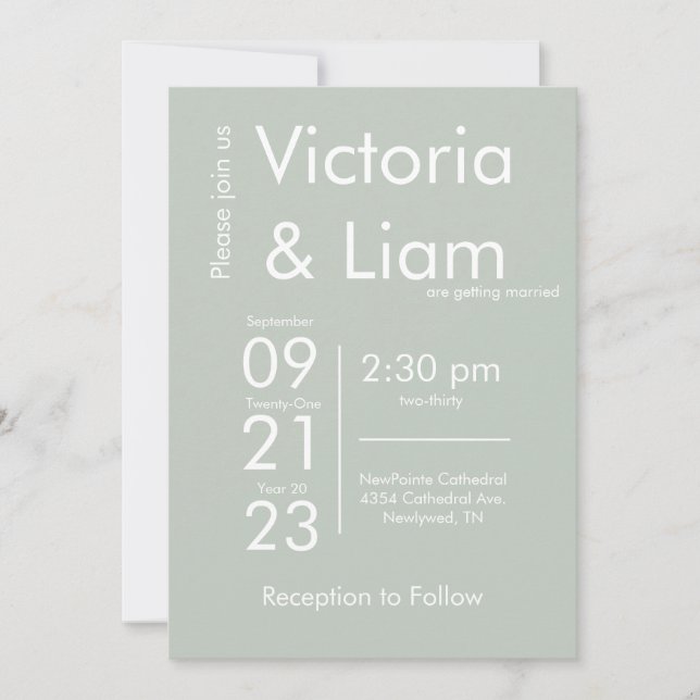 Simple moderne Sage Vert Nom Faire-part de mariage (Devant)