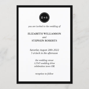 Simple Monogram   Black and White Wedding Invitation