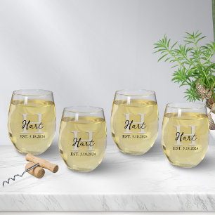 Simple Monogram Black Beige Stemless Wine Glass
