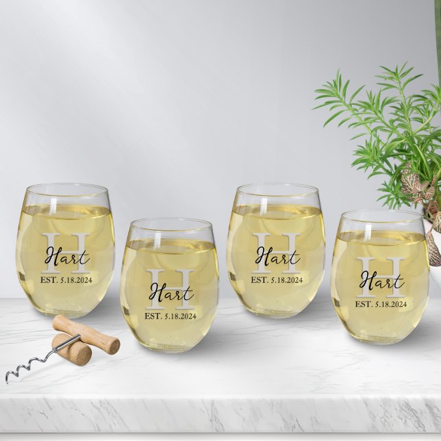 Simple Monogram Black Beige Stemless Wine Glass (Creator Uploaded)