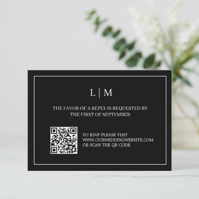 Simple Monogram Black QR Code Wedding RSVP Card (Standing Front)