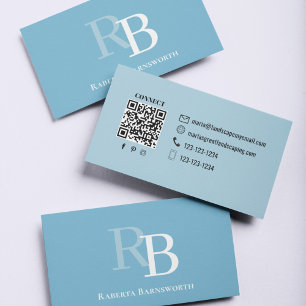 Simple Monogram Blue QR Code   Connect with Me Business Card