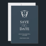 Simple Monogram Blue Save The Date<br><div class="desc">Announce your engagement with this modern save the date card. It features a mix of classic and script typography in white over a solid dark blue background. Enter the bride and groom's monogram in the centre of a crest. All the colours can be customized to suite your wedding colour scheme....</div>