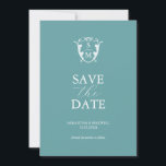 Simple Monogram Blue Save The Date<br><div class="desc">Announce your engagement with this modern save the date card. It features a mix of classic and script typography in white over a solid turquoise blue background. Enter the bride and groom's monogram in the centre of a crest. All the colours can be customized to suite your wedding colour palette....</div>