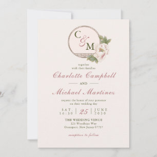 Simple Monogram Blush Pink Peony Wedding  Invitation