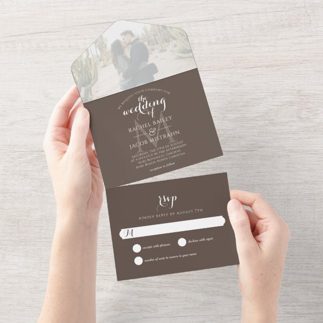 Simple Monogram Brown Photo Wedding All In One Invitation (Tearaway)