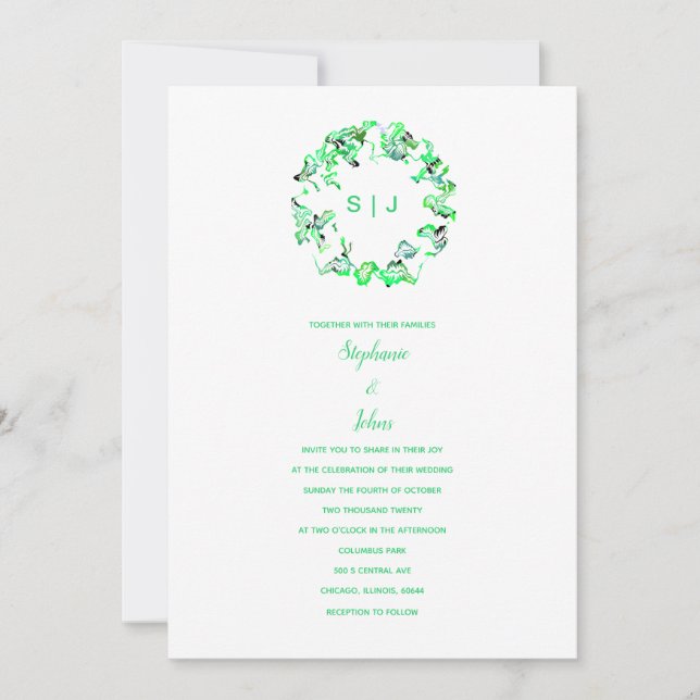 Simple Monogram Crest Green White Boho Wedding Invitation (Front)