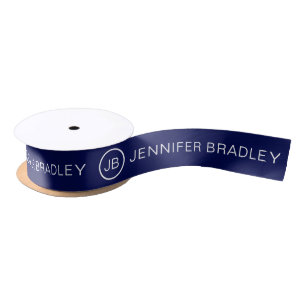 Simple Monogram Custom Name Blue and White Satin Ribbon
