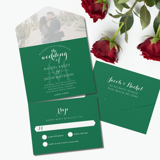Simple Monogram Dark Green Photo Wedding All In One Invitation (Creator Uploaded)