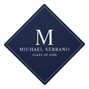 Simple Monogram Dark Navy Blue Graduation Cap Topper