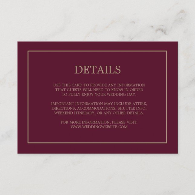 Simple Monogram Details Burgundy Wedding  Enclosure Card (Front)