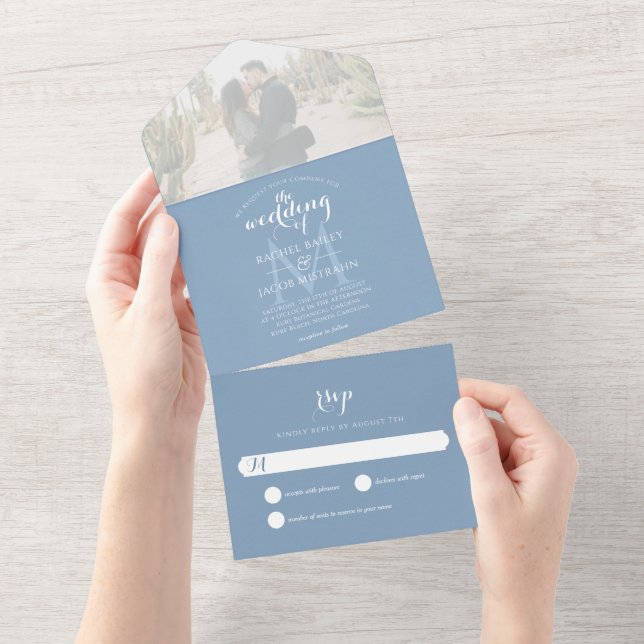 Simple Monogram Dusty Blue Photo Wedding All In One Invitation (Tearaway)