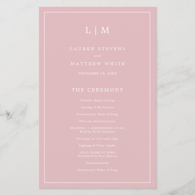 Simple Monogram Dusty Rose Budget Wedding Program (Front)