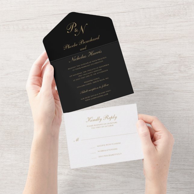 Simple Monogram Elegant Black and Gold Wedding All In One Invitation (Tearaway)