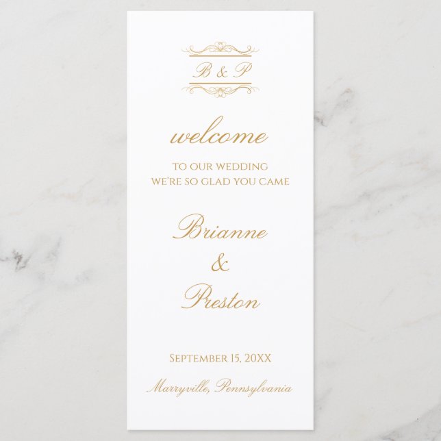 Simple Monogram Elegant Gold Script Wedding Program (Front)