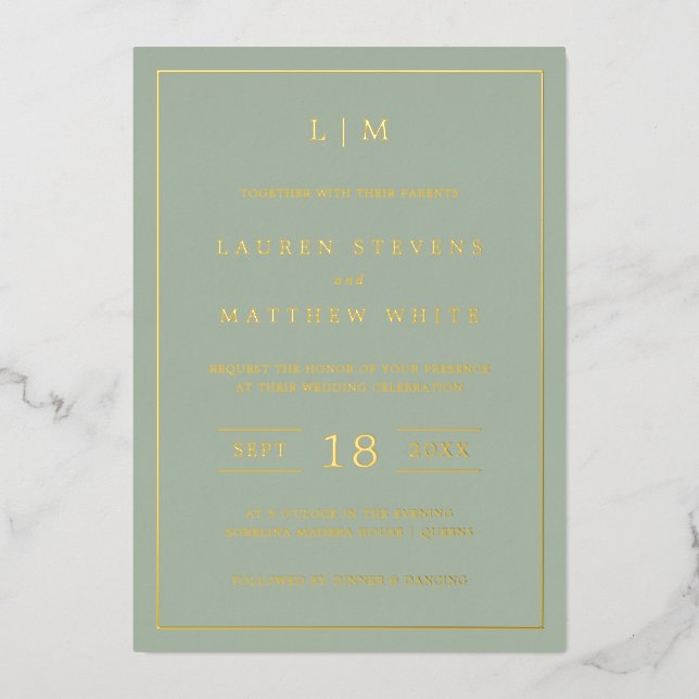 Simple Monogram Elegant Sage Green Wedding Gold (Front)
