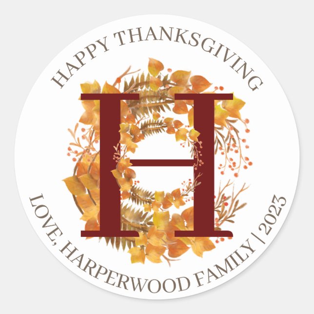 Simple Monogram Fall Harvest Happy Thanksgiving Classic Round Sticker (Front)