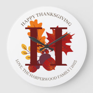 Simple Monogram Fall Harvest Happy Thanksgiving Large Clock